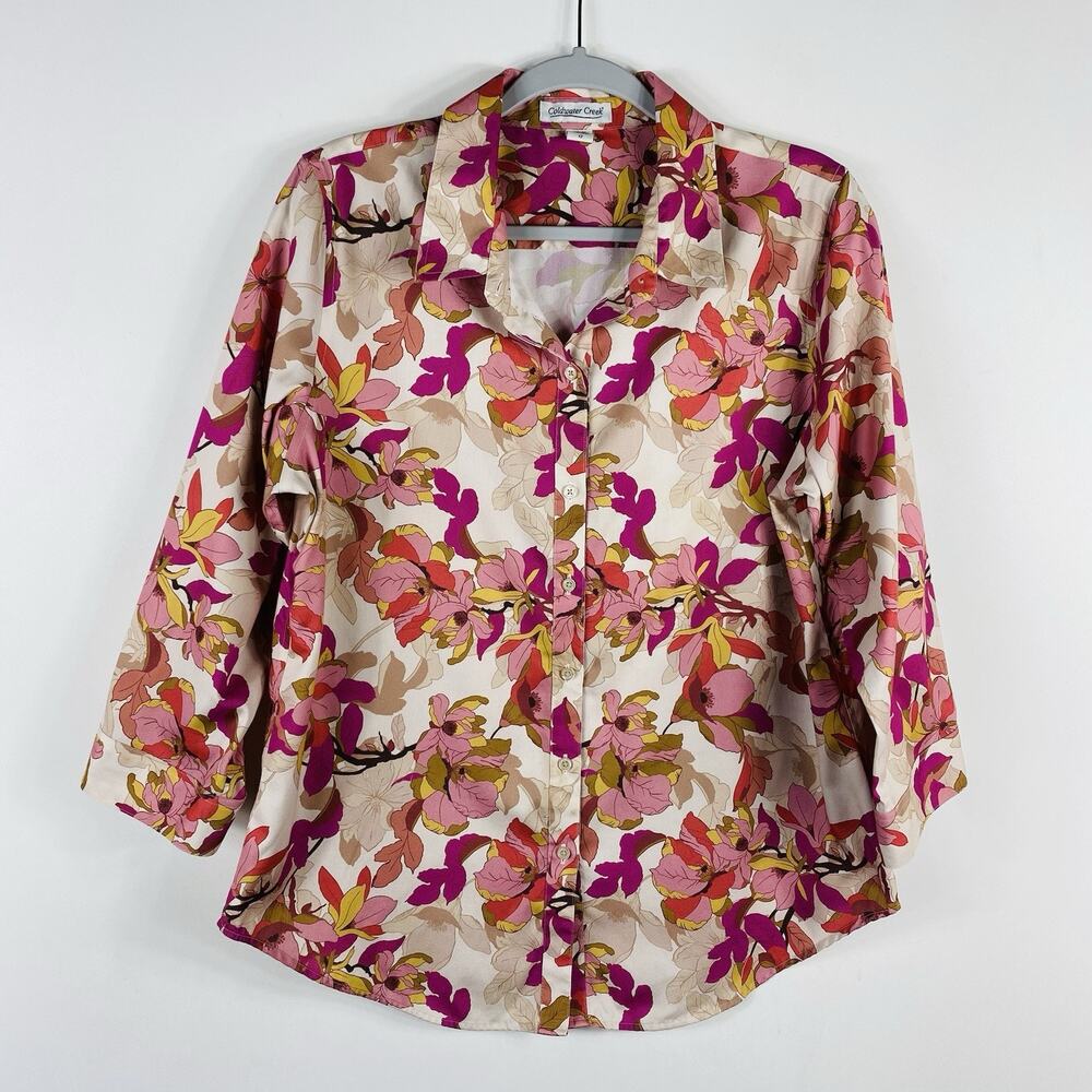 Coldwater Creek Button Shirt 12 Pink Floral Top 3/4 Sleeve 100% Cotton